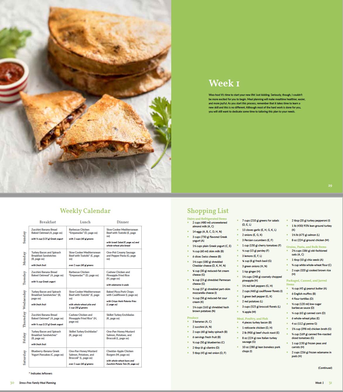 Cookbook preview of meal plan and shopping list.