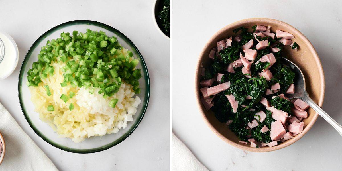 A side-by-side comparison of prepped ingredients for a slow cooker breakfast casserole, with shredded hash browns, diced onions, and chopped green bell peppers on the left, and a bowl of chopped ham and sautéed spinach on the right.