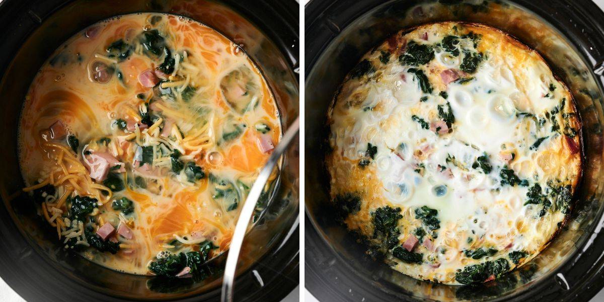 A before-and-after look at a slow cooker breakfast casserole, showing the uncooked egg mixture with spinach, ham, and cheese on the left, and the fully cooked, golden-brown casserole on the right.