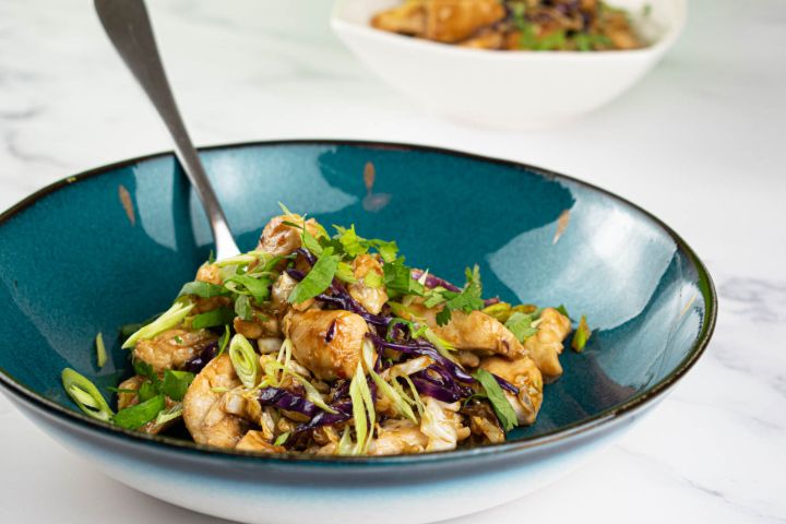 Moo Shu Chicken Moo Shu Chicken with sliced cabbage and green onions in a hoisin based sauce.