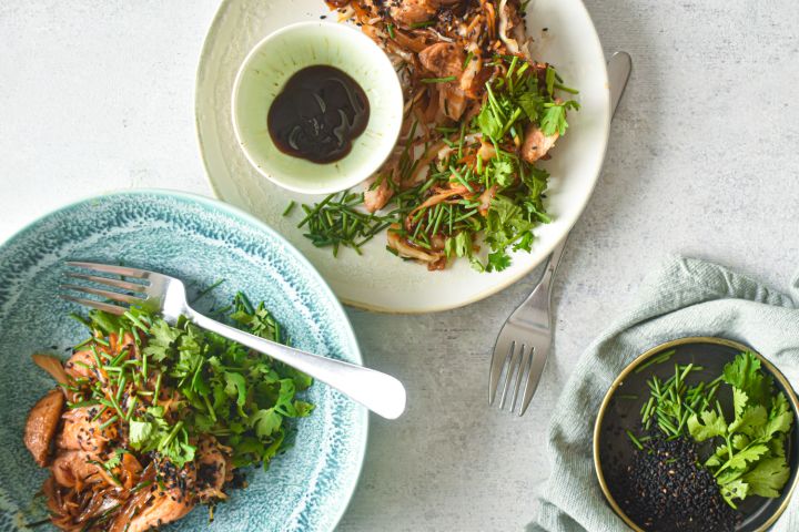 Chicken and Cabbage Stir Fry Chicken and cabbage stir fry on two plates with hoisin sauce, cilantro, chopped cabbage, and chicken breast.