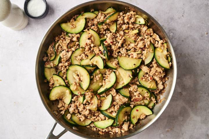 Ground Turkey and Zucchini Stir Fry Ground turkey and zucchini stir fry in a stainless steel skillet, cooked with garlic and seasonings until golden and tender.