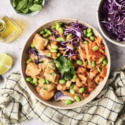 High Protein Chicken Buddha Bowl A vibrant bowl of chicken, edamame, purple cabbage, and carrots drizzled with sauce, surrounded by lime, mint, and olive oil.