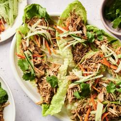 Slow Cooker Banh Mi Pork A platter of lettuce wraps filled with shredded chicken, carrot and cucumber julienne, topped with sesame seeds and fresh cilantro.