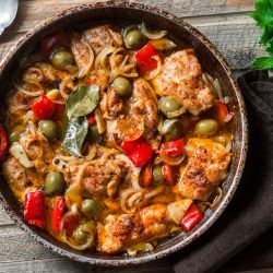 Slow Cooker Mediterranean Chicken Slow Cooker Mediterranean Chicken with roasted red peppers, olives, capers, and more in a skillet.