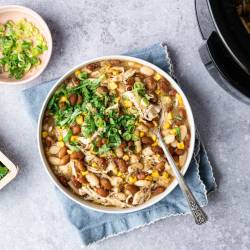 Easy White Chicken Chili A hearty bowl of chicken chili topped with fresh cilantro and sliced green onions. A dish of green onions and fresh cilantro beside it, exuding a cozy feel.