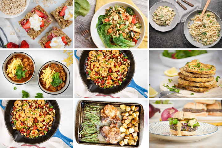 Healthy Meal Plans Healthy meal plan with baked oats, salad, chili, fish, and sheet pan meals.