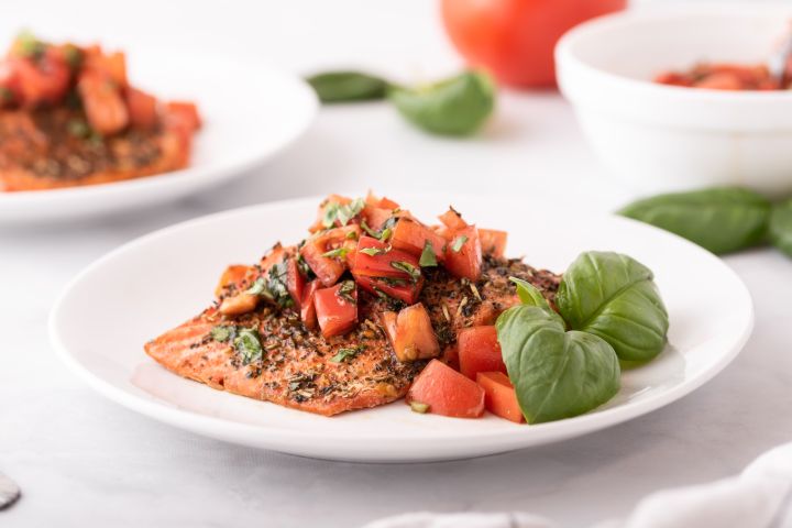 16 Healthy Baked Salmon Recipes Baked Italian salmon with Italian seasoning, basil, and fresh tomato salsa.
