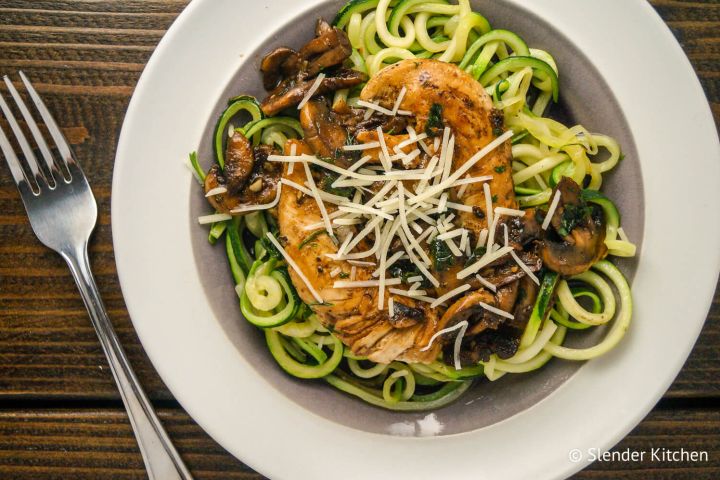 Balsamic Chicken with Garlic Zucchini Noodles Balsamic chicken with mushrooms and Parmesan cheese over zucchini noodles.