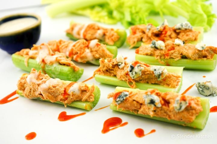 Buffalo Chicken Celery Bites Buffalo Chicken Celery Bites with crumbled blue cheese.
