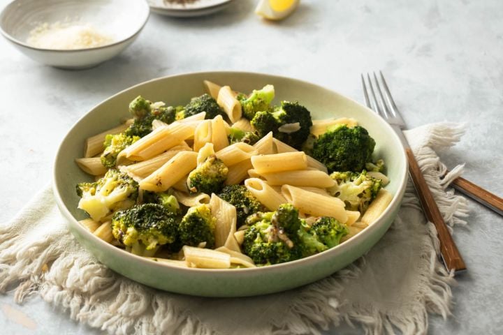 Lemon Broccoli Pasta Lemon broccoli pasta in a bowl with fresh lemon juice, garlic, and Parmesan cheese.