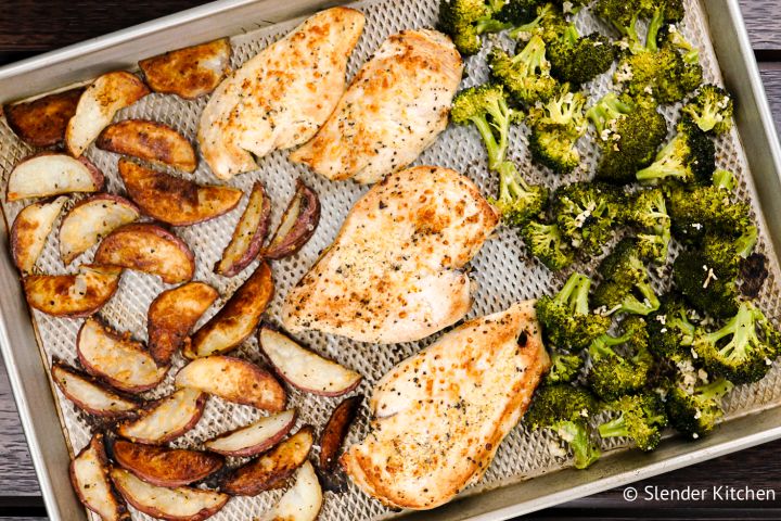 Roasted Chicken and Potatoes with Broccoli Roasted chicken with potatoes and broccoli on a sheet pan.
