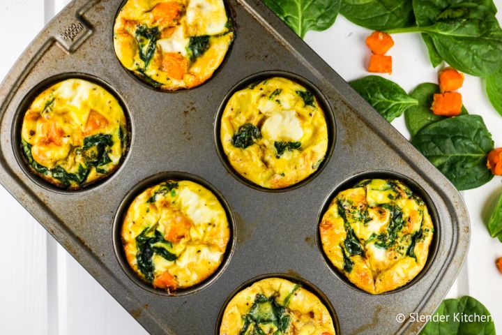 Sweet Potato and Spinach Egg Muffins Sweet potato spinach egg muffin frittatas in a muffin tin with eggs, egg whites, spinach, and sweet potatoes.