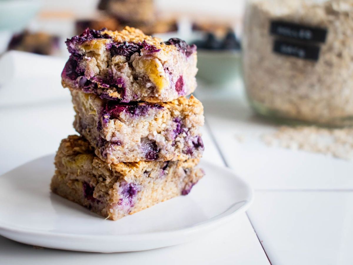 Breakfast Baked Goods Blueberry Banana Oatmeal Bars on a Plate