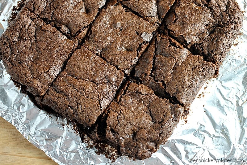 sliced chocolate brownies on tin foil