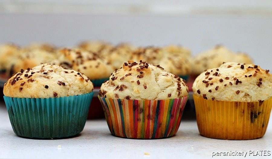 Cream Cheese Chocolate & Peanut Butter Chip Muffins - a deliciously soft muffin that verges on a cupcake! | Persnickety Plates