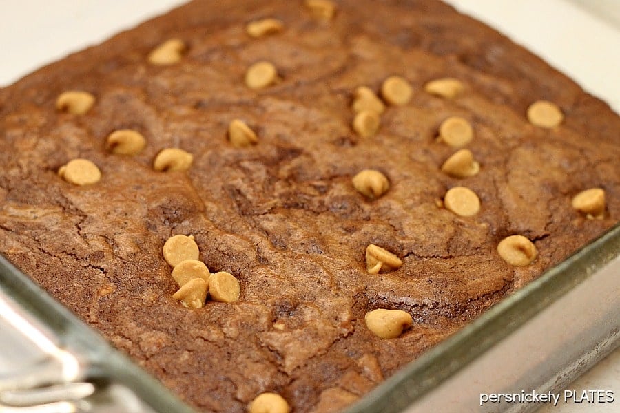 Peanut Butter Brownies are a simple, from scratch, brownie filled with chunky peanut butter and topped with peanut butter chips. Perfect for the chocolate + peanut butter lover in your life! | Persnickety Plates