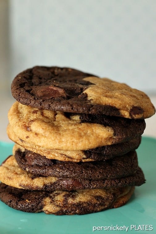 Peanut Butter Chocolate Swirl Cookies. Half peanut butter, half chocolate, all delicious. {Persnickety Plates}