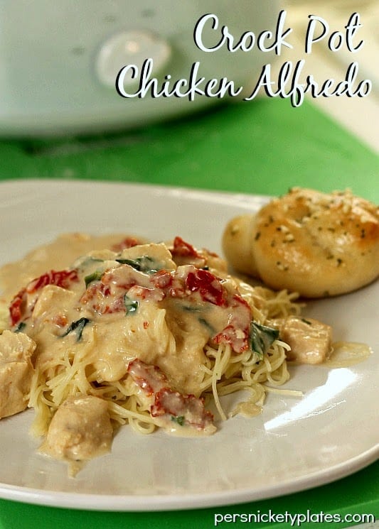 5 ingredient, super simple, Crock Pot Chicken Alfredo | Persnickety Plates white plate of chicken alfredo with a garlic knot