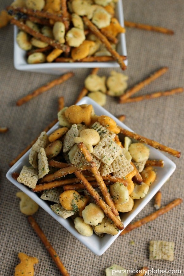 Ranch Cocktail Crackers overhead shot of two bowls of ranch cocktail crackers