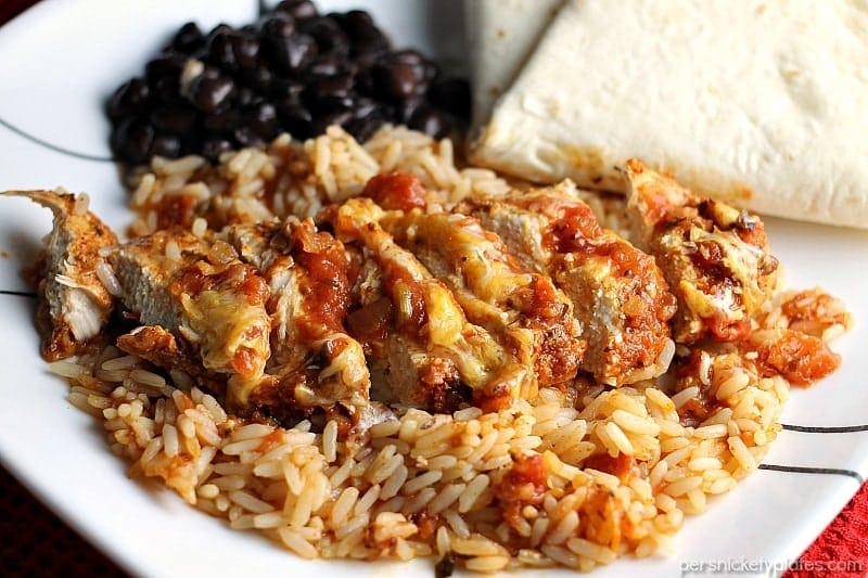 One Dish Baked Salsa Chicken Casserole is perfect for busy week nights or any night that you want a quick and easy dinner that's full of flavor! | Persnickety Plates