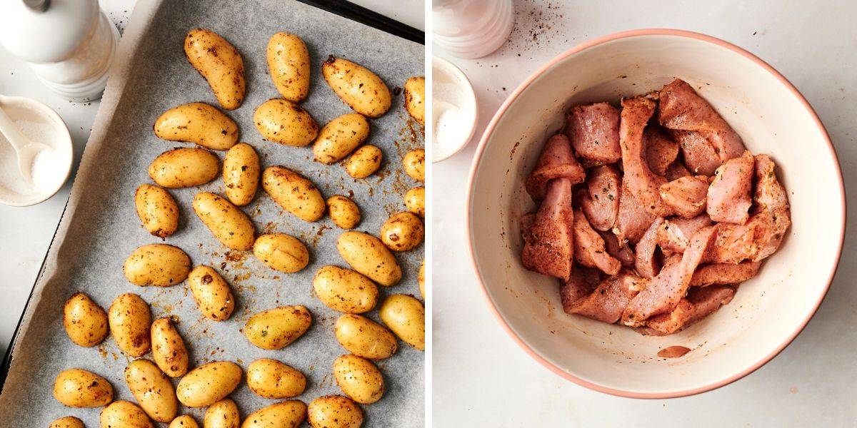 A side-by-side image showing seasoned baby potatoes on a baking sheet ready for roasting on the left and a bowl of raw pork chops coated in spices on the right.
