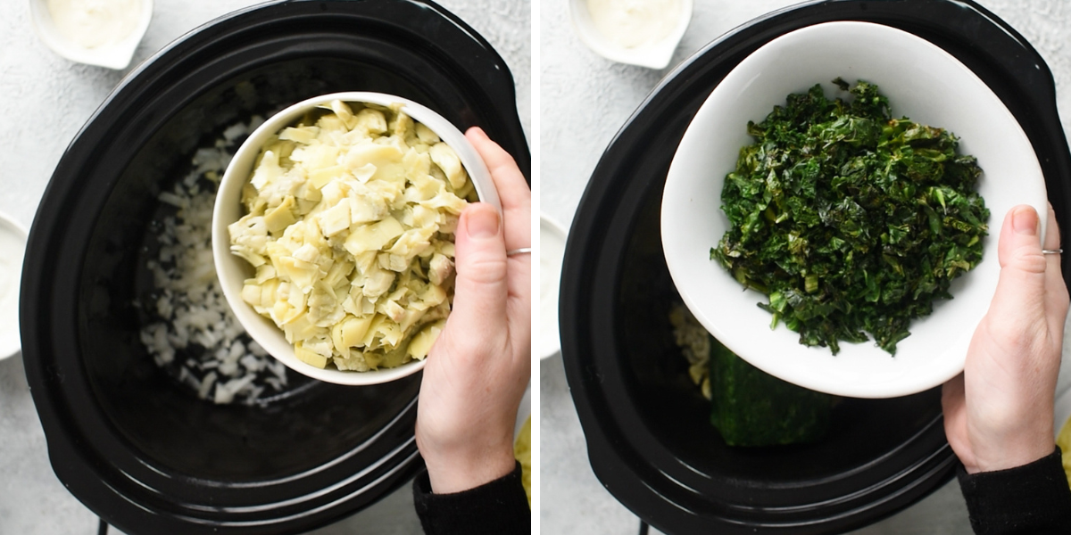 A person adding chopped artichokes and sautéed kale into a slow cooker along with onions for a spinach, artichoke, and kale dip.