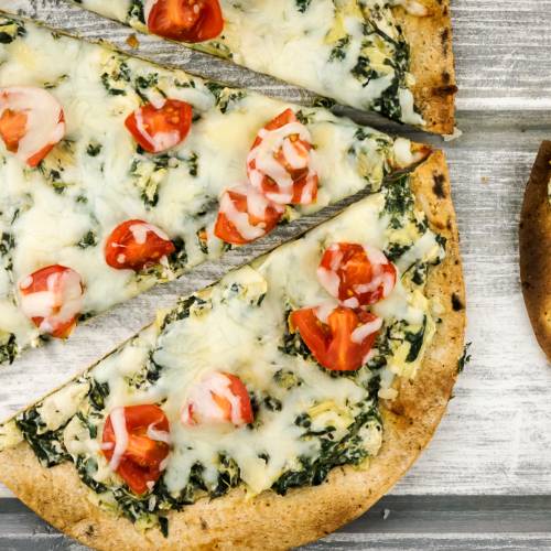 High-protein spinach artichoke pizza