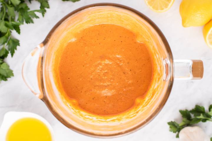 Blended creamy romesco sauce in a blender.