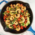 Mexican shrimp with black beans, corn, tomatoes, cilantro, and fresh lime juice.