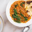 Slow cooker Madras Lentils with lentils, potatoes, and spinach in a creamy coconut sauce.