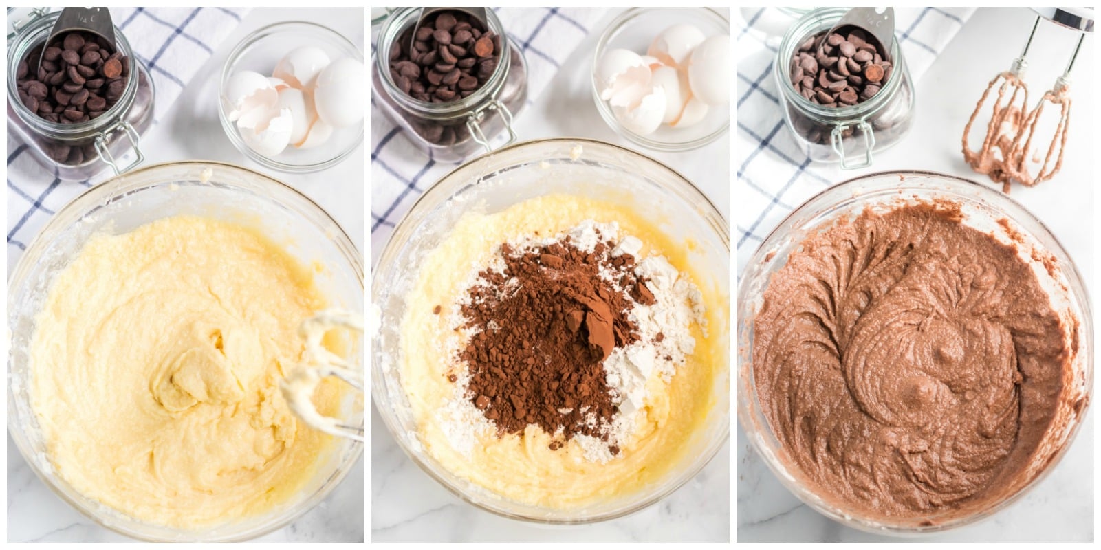 collage of overhead shots of cake batter in mixing bowl