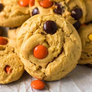 closeup of a reese's pieces cookie.