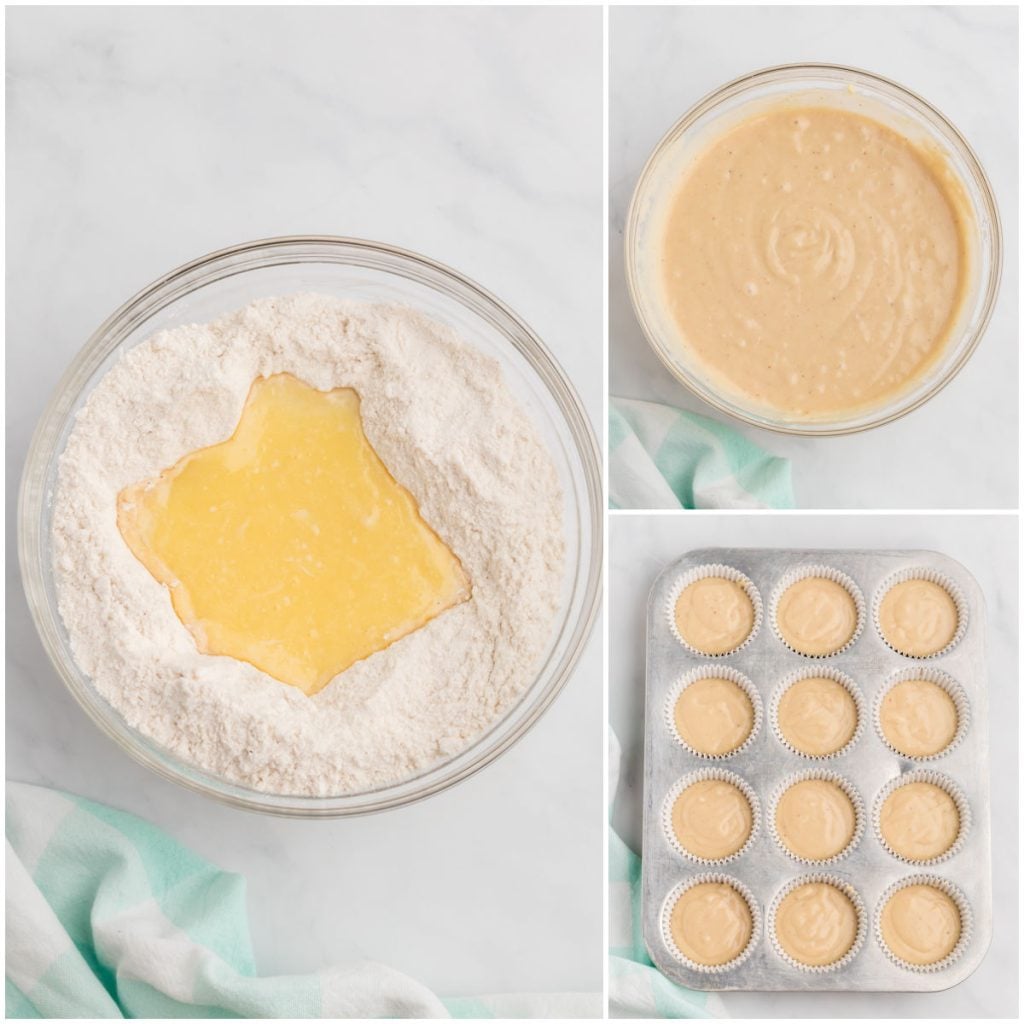 collage of 3 photos showing the process of making muffin batter.