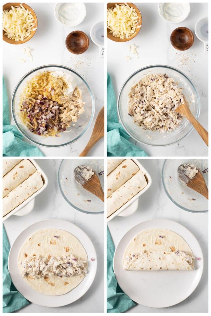 collage of 4 photos showing the filling of chicken enchiladas.