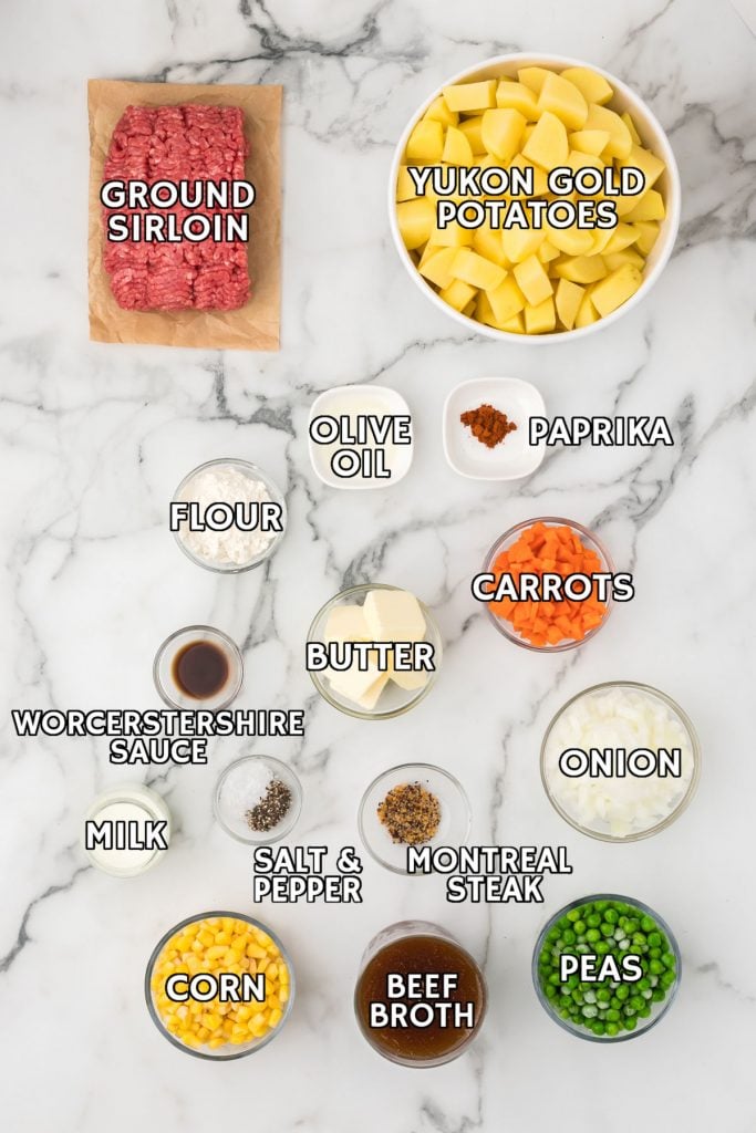 overhead shot of ingredients laid out to make shepherd's pie with beef