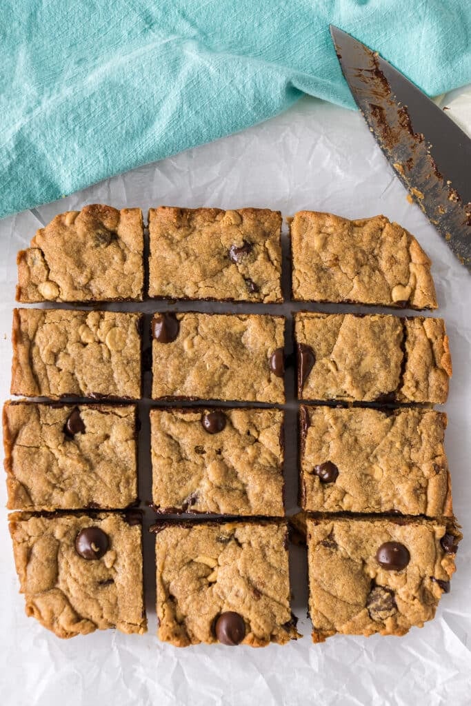 overhead shot of sliced peanut butter blondies.