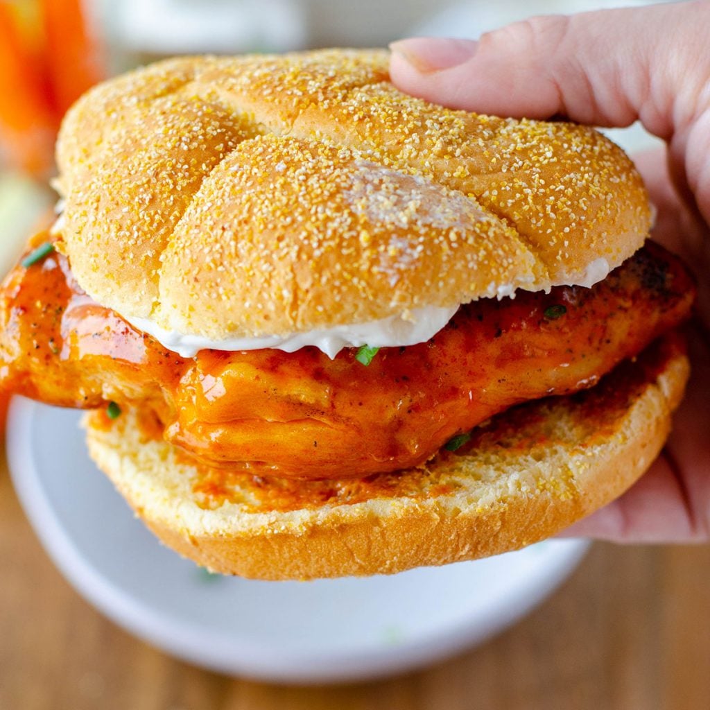 close up of a spicy buffalo chicken sandwich