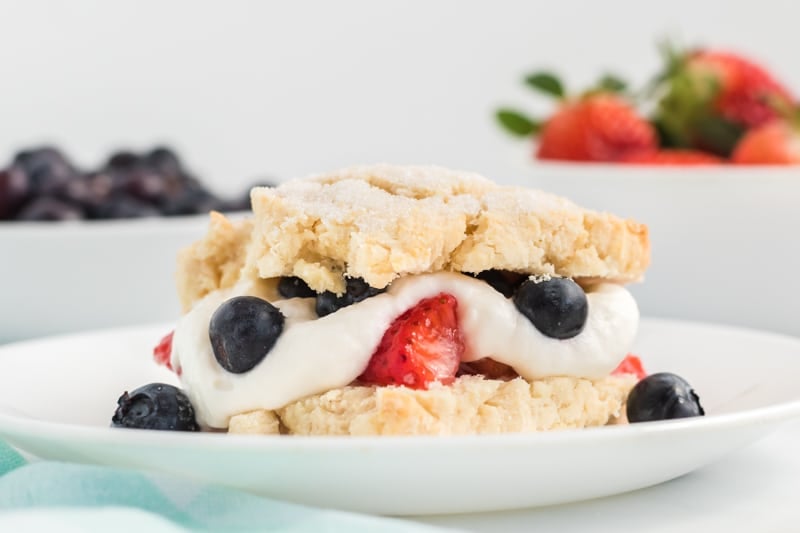 side view of a berry shortcake topped with whipped cream and berries.