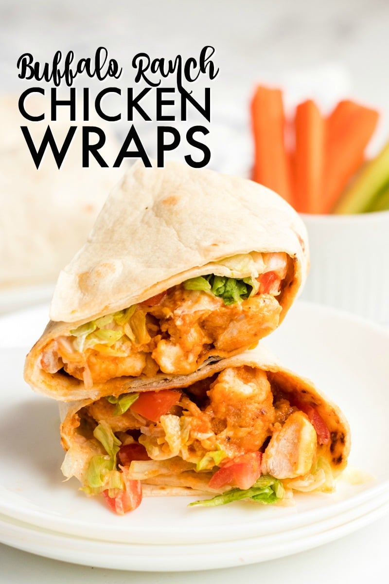 sliced & stacked buffalo ranch chicken wrap on white plate