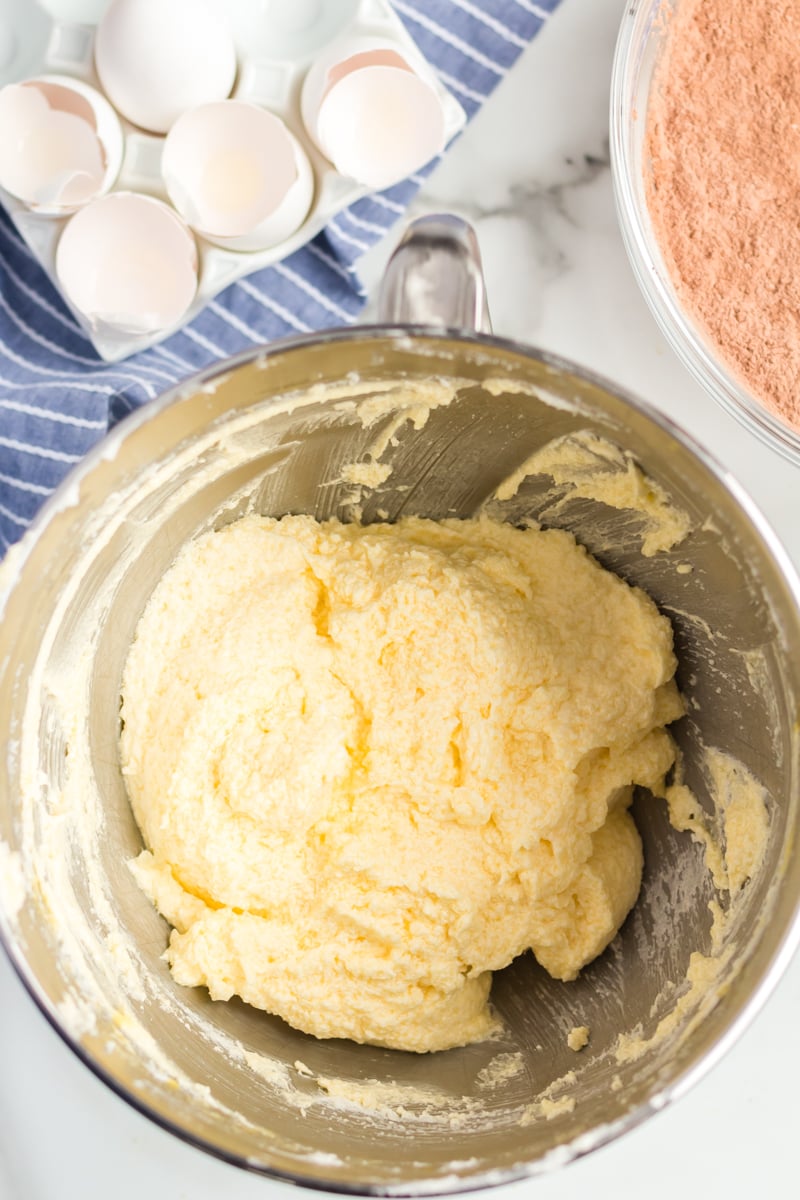 mixing bowl filled with cake batter