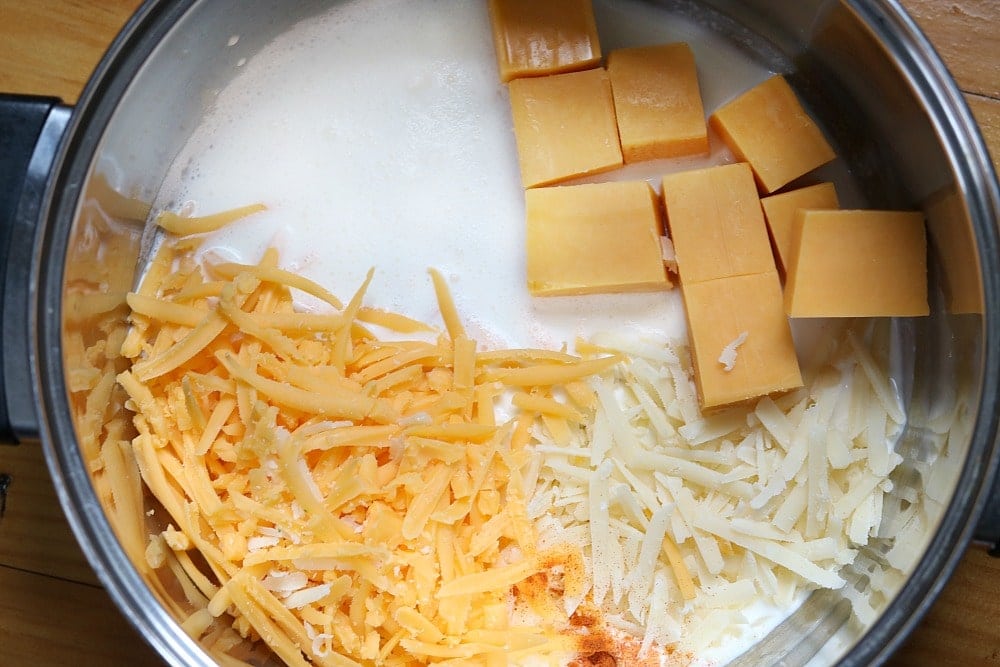 overhead shot of cheese in a saucepan
