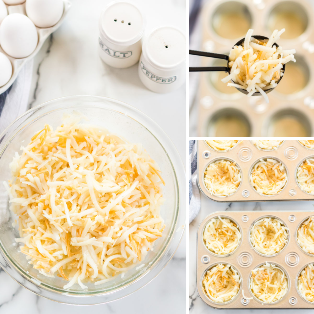 Bird's Nest Breakfast Cups are a fun way to eat eggs and hash browns for breakfast. These baked egg cups combine hash browns and cheese to form a "nest" and are topped with an egg. | www.persnicketyplates.com collage of bird's nest breakfast cups prep - hash browns in a bowl