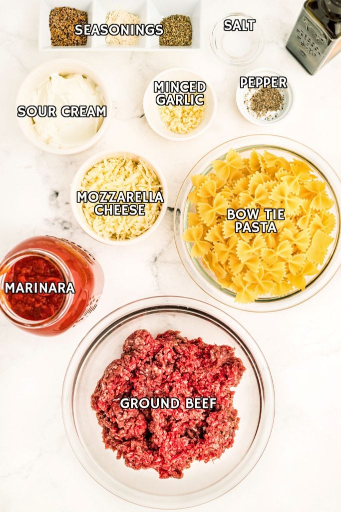 overhead shot of labeled ingredients laid out to make skillet lasagna.