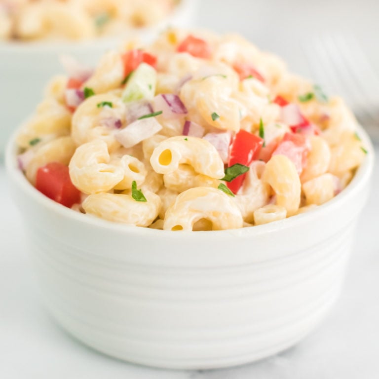 white bowl of classic macaroni salad