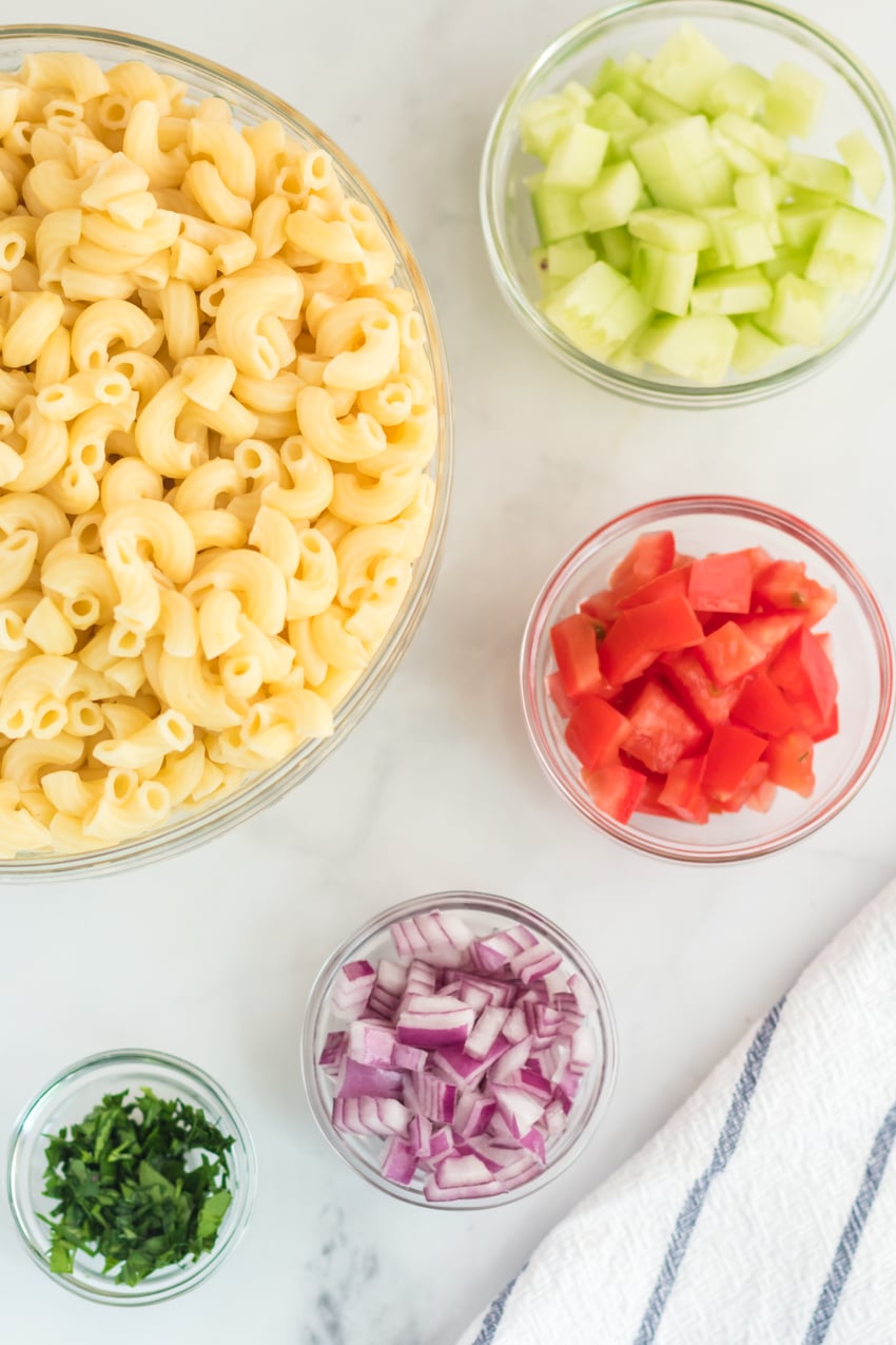 mise en place of macaroni salad ingredients