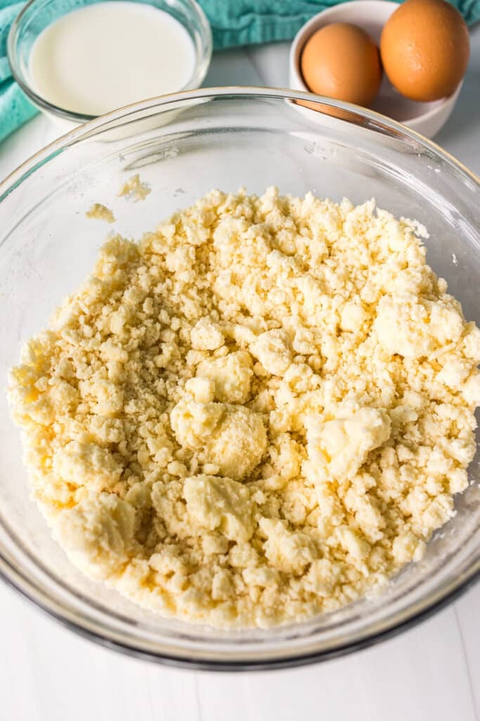 crumbly cake batter in a mixing bowl.