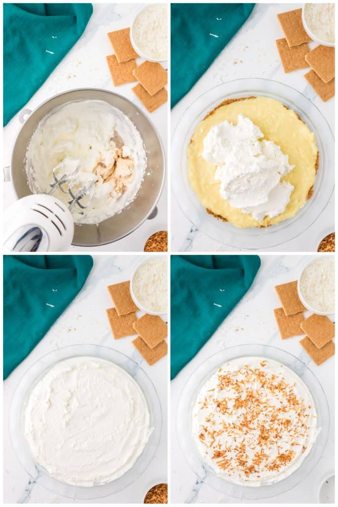 collage of 4 photos showing the process of making whipped cream for a pie.