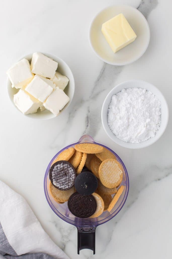 overhead shot of oreo cookies in a food processor.