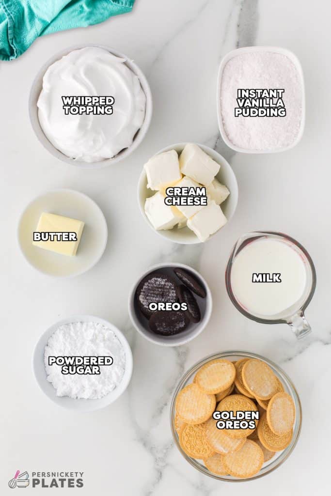 overhead shot of labeled ingredients laid out to make sand pudding.